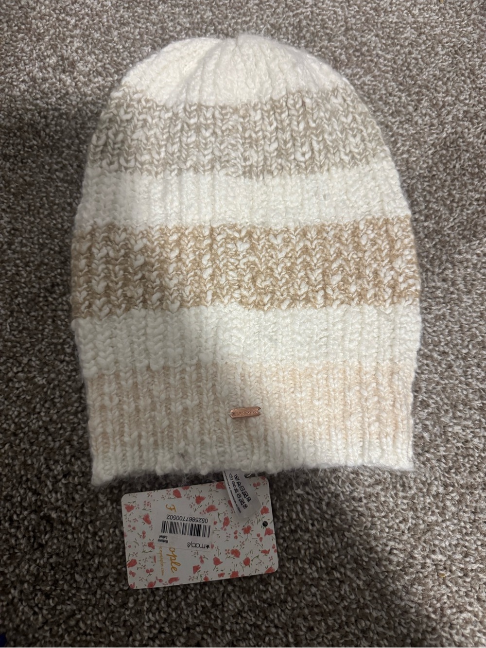 Free People Cream and Tan Striped Knit Beanie